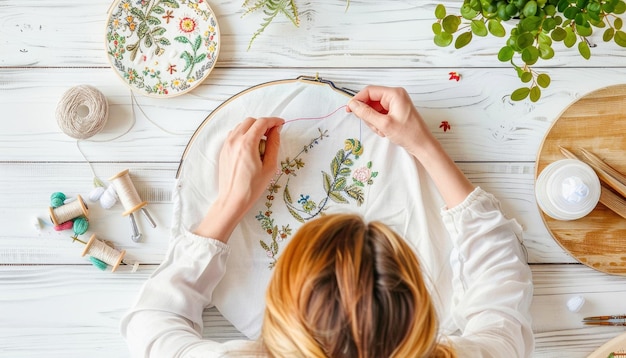 Osoba haftująca delikatny wzór ręcznie